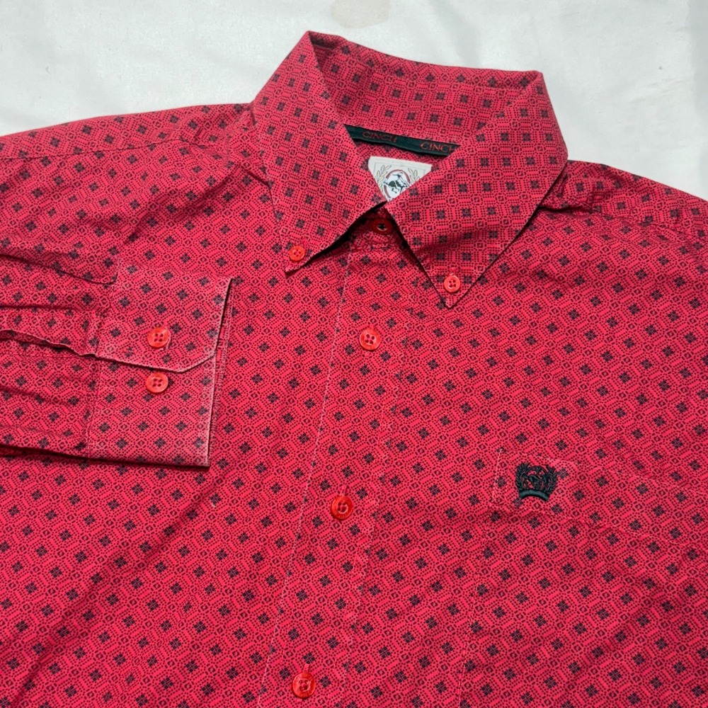 Cinch Button Down Shirt Mens XS Red Geometric Diamond Long Sleeve Western Cowboy